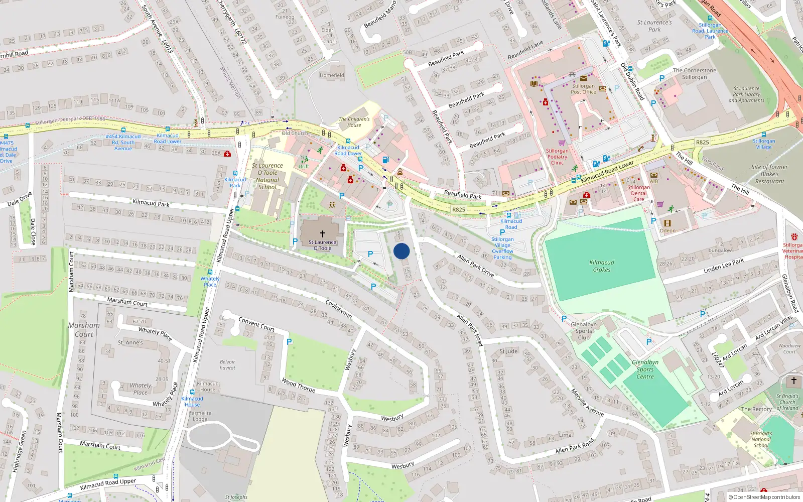 Overhead map showing the location of 9 Allen Park Road, Stillorgan, Dublin