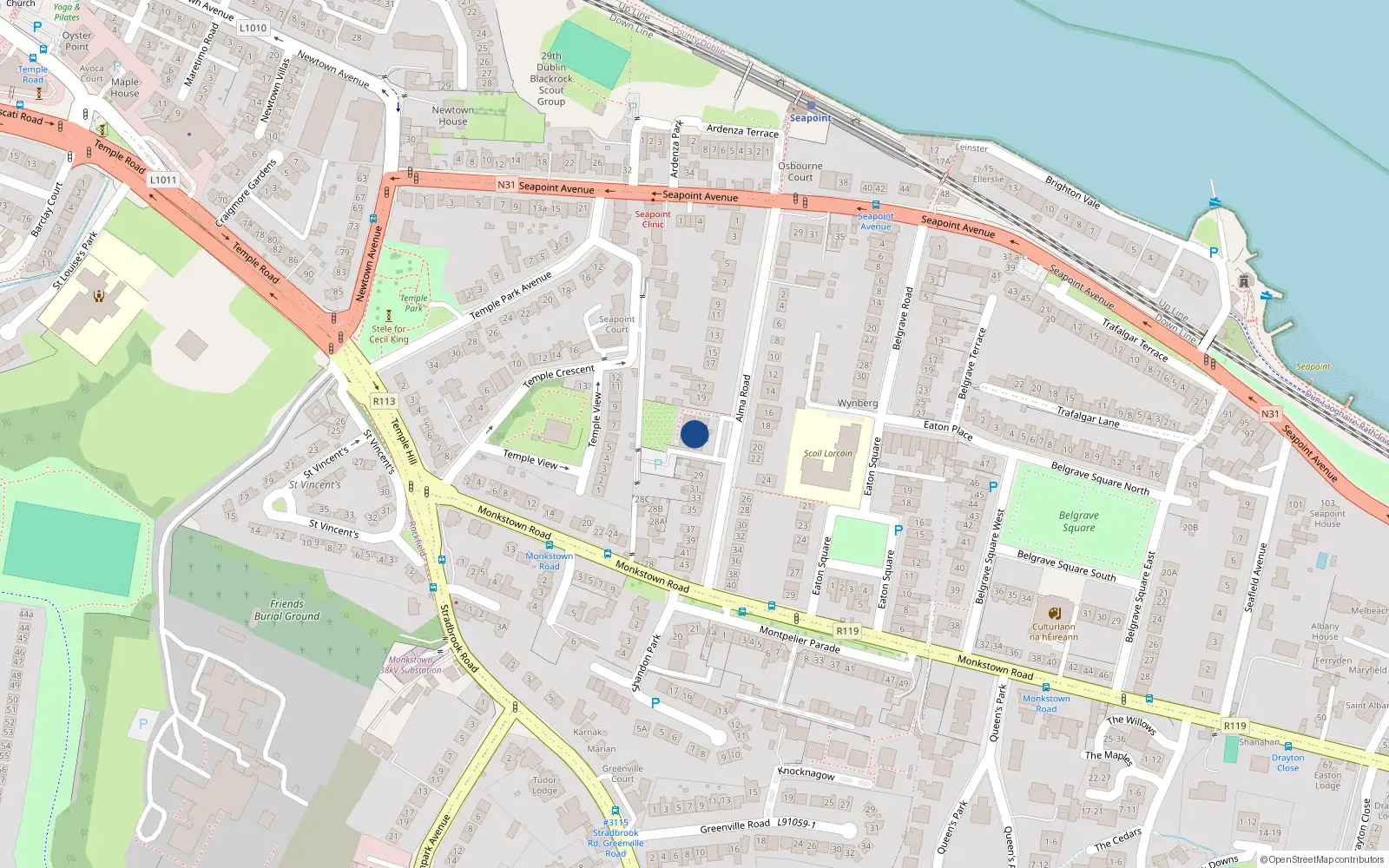 Overhead map showing the location of 9 Alma Court, Alma Road, Monkstown