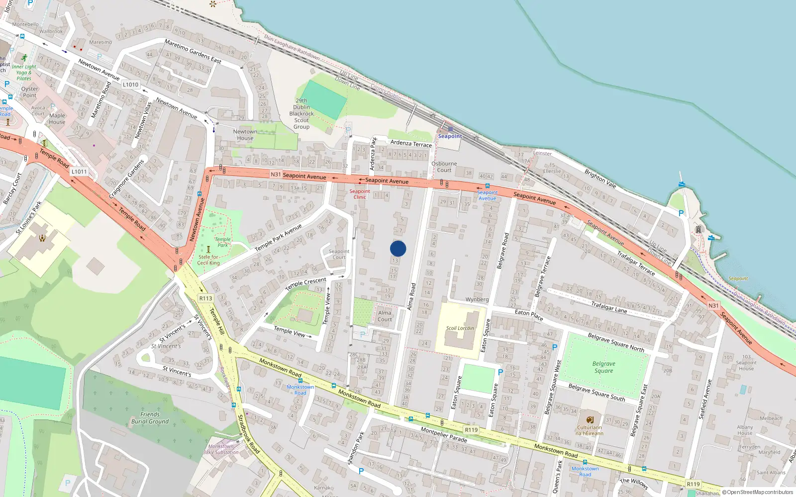 Overhead map showing the location of 9 Alma Road, Dublin