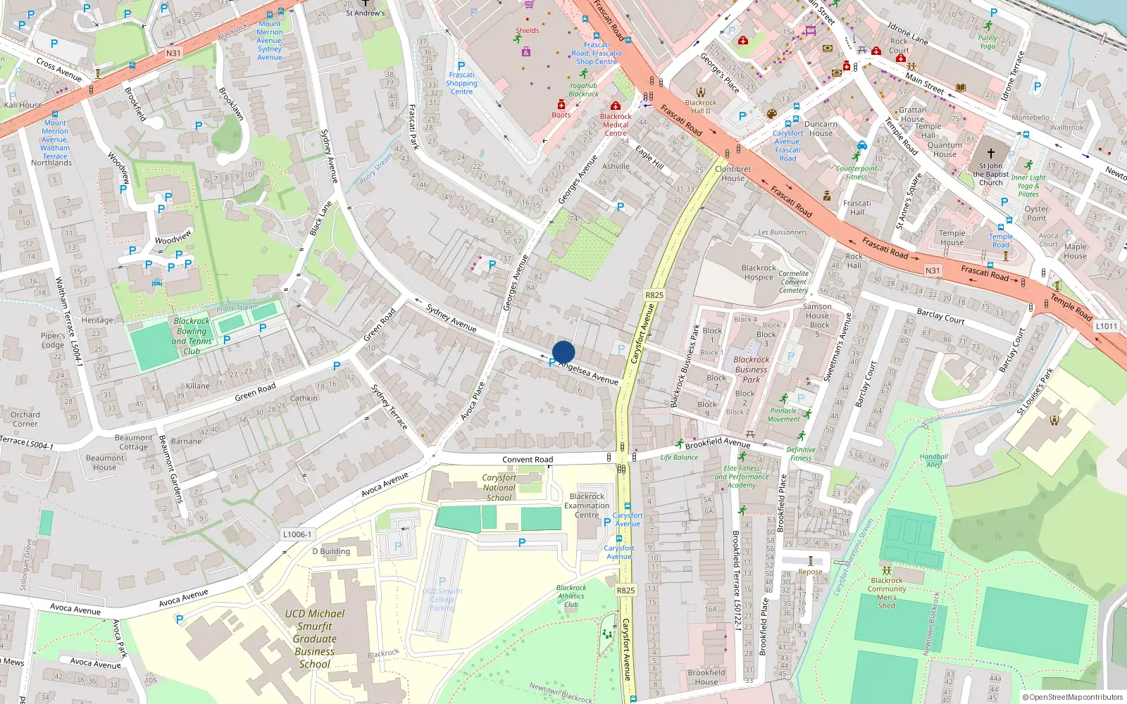 Overhead map showing the location of 9 Anglesea Avenue, Blackrock, Dublin