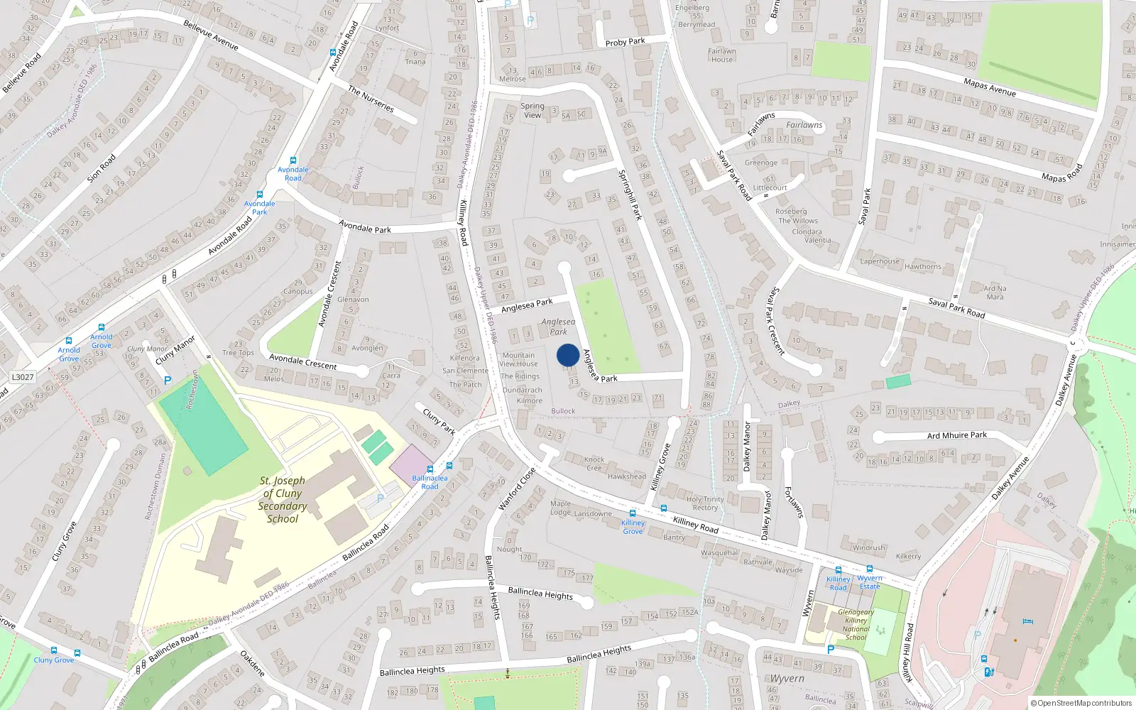 Overhead map showing the location of 9 Anglesey Park, Killiney