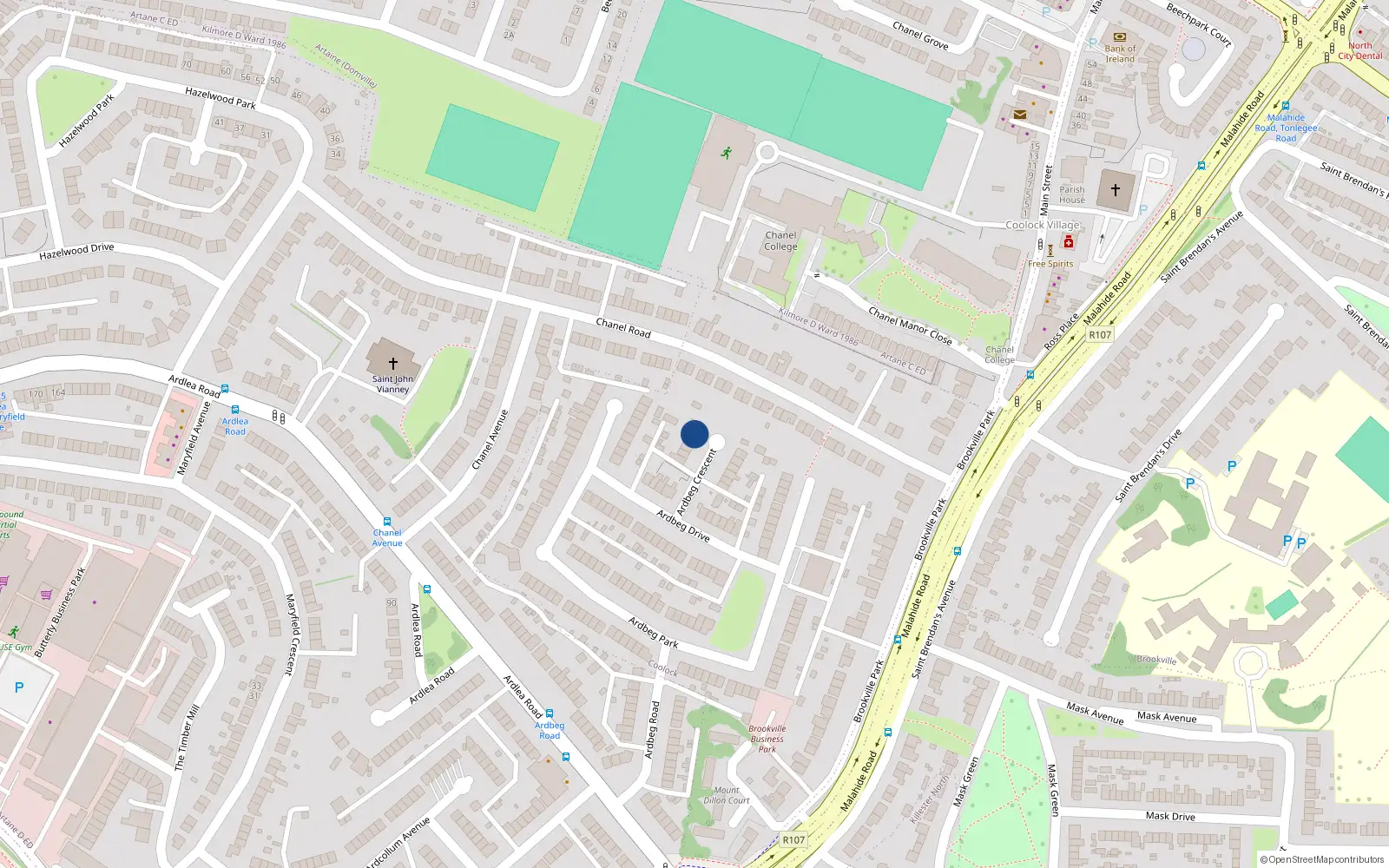 Overhead map showing the location of 9 Ardbeg Crescent, Artane, Dublin 5