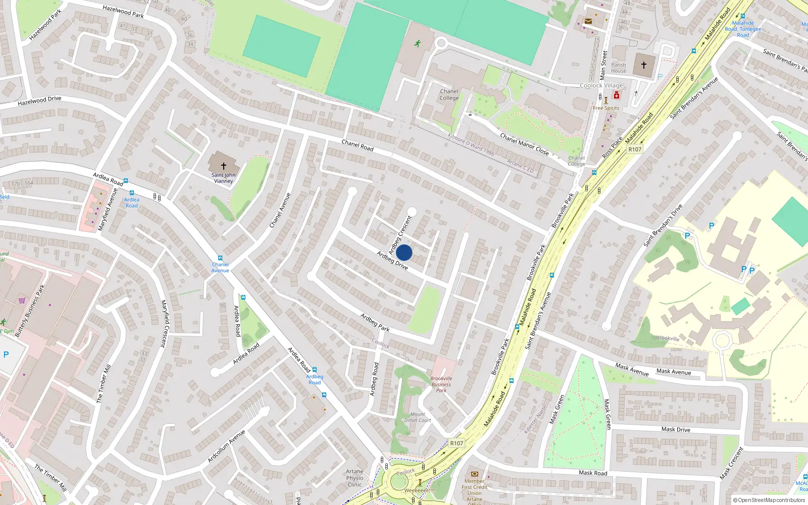 Overhead map showing the location of 9 Ardbeg Drive, Dublin 5