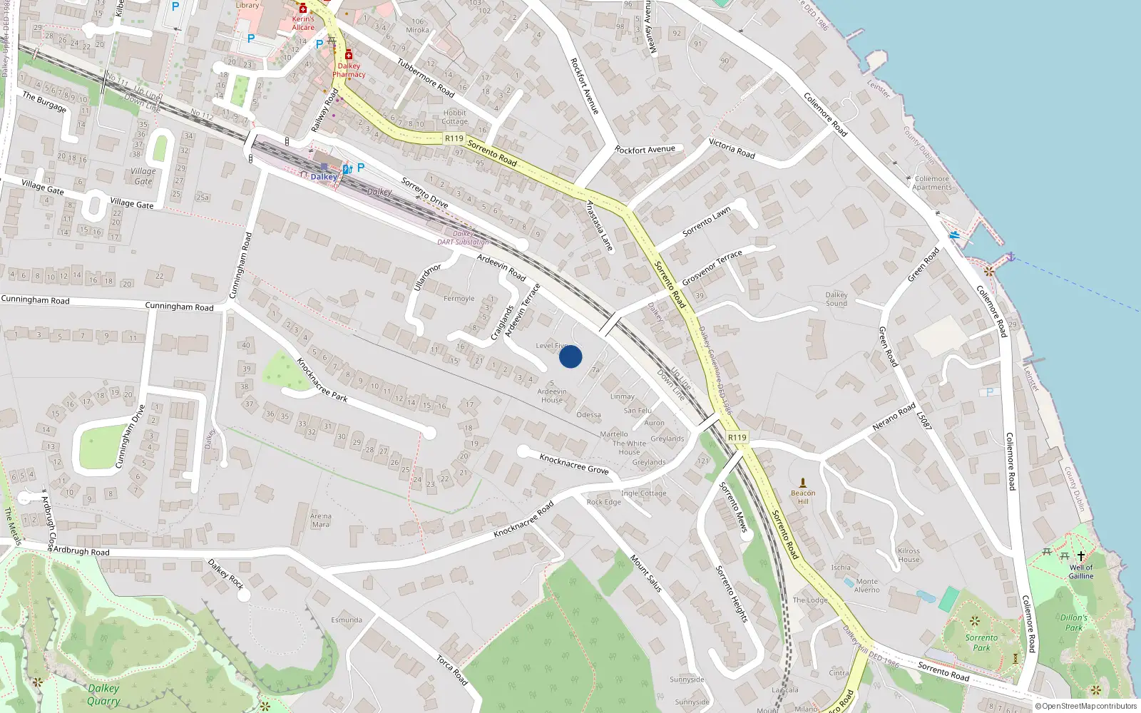 Overhead map showing the location of 9 Ardeevin Road, Dalkey, Co Dublin
