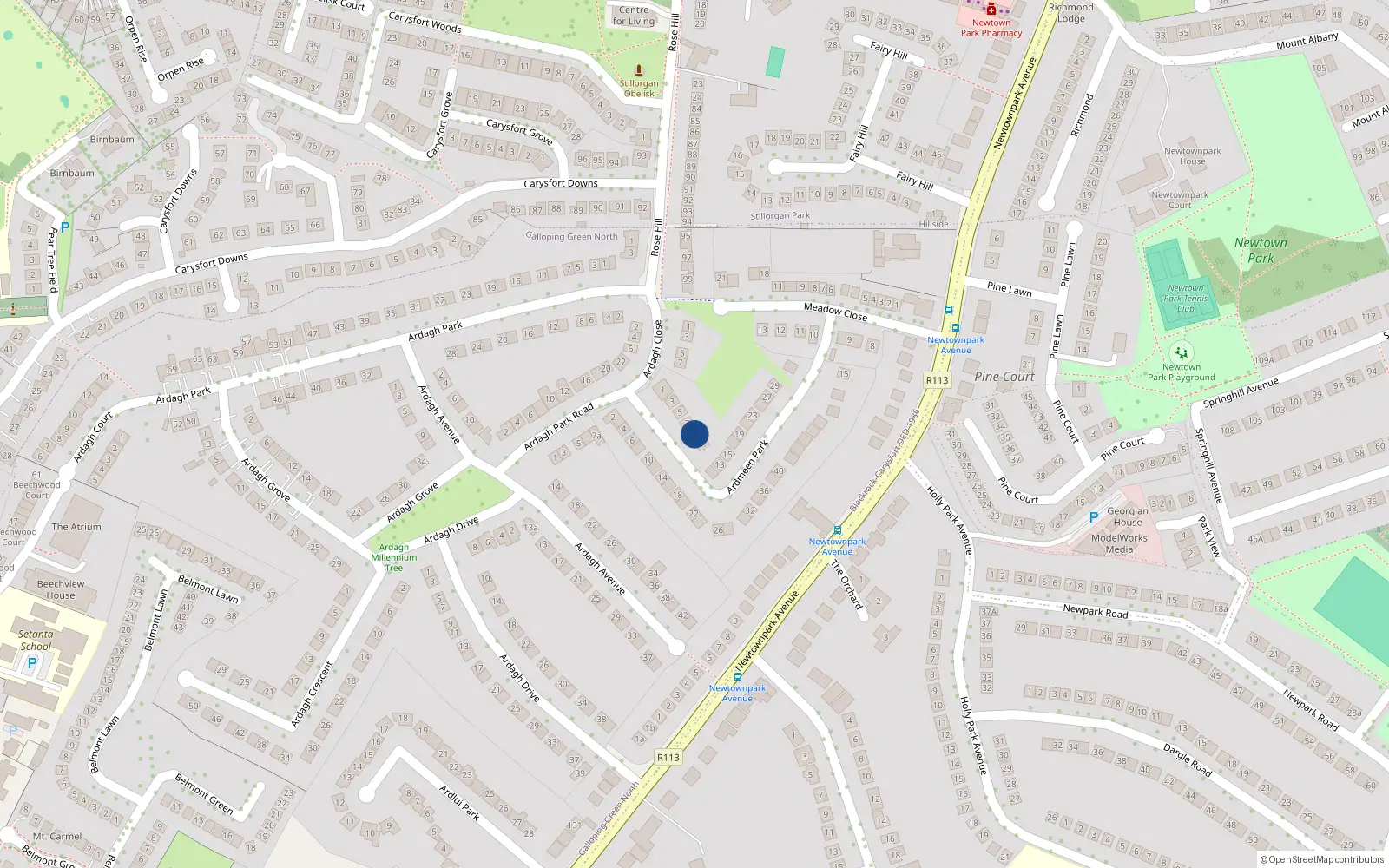 Overhead map showing the location of 9 Ardmeen Park, Blackrock