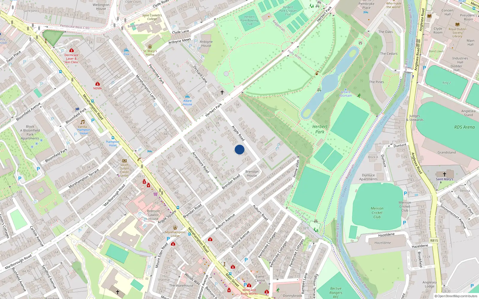 Overhead map showing the location of 9 Argyle Road, Dublin 4
