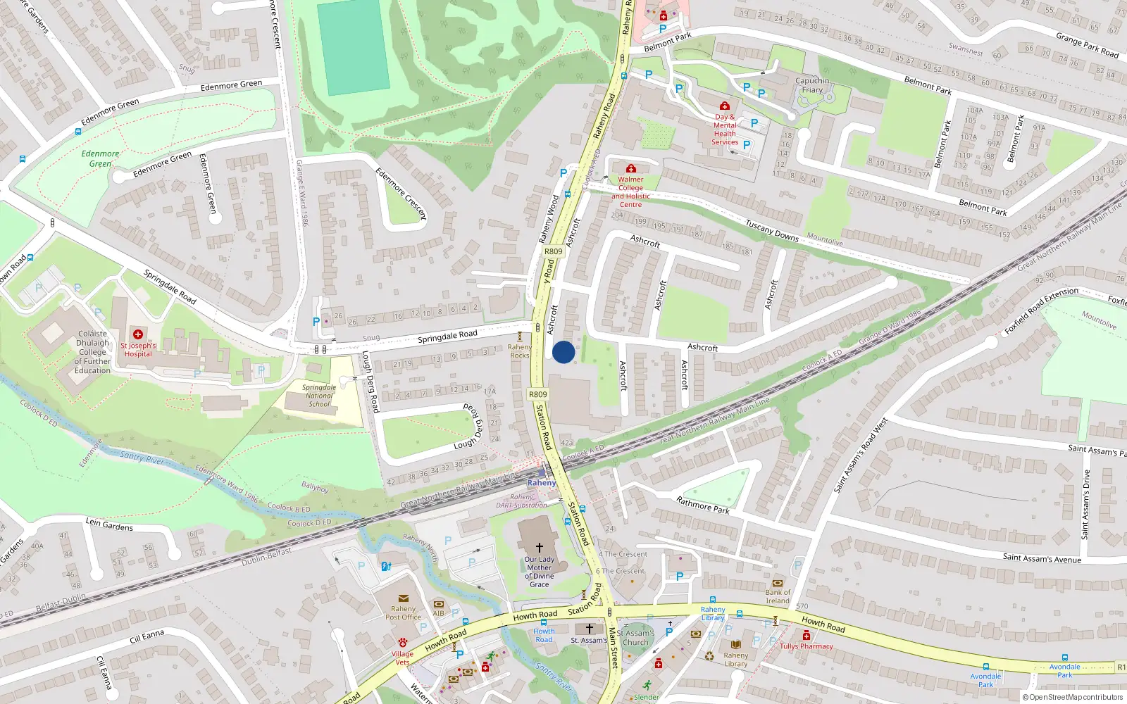 Overhead map showing the location of 9 Ashcroft, Raheny, Dublin 5