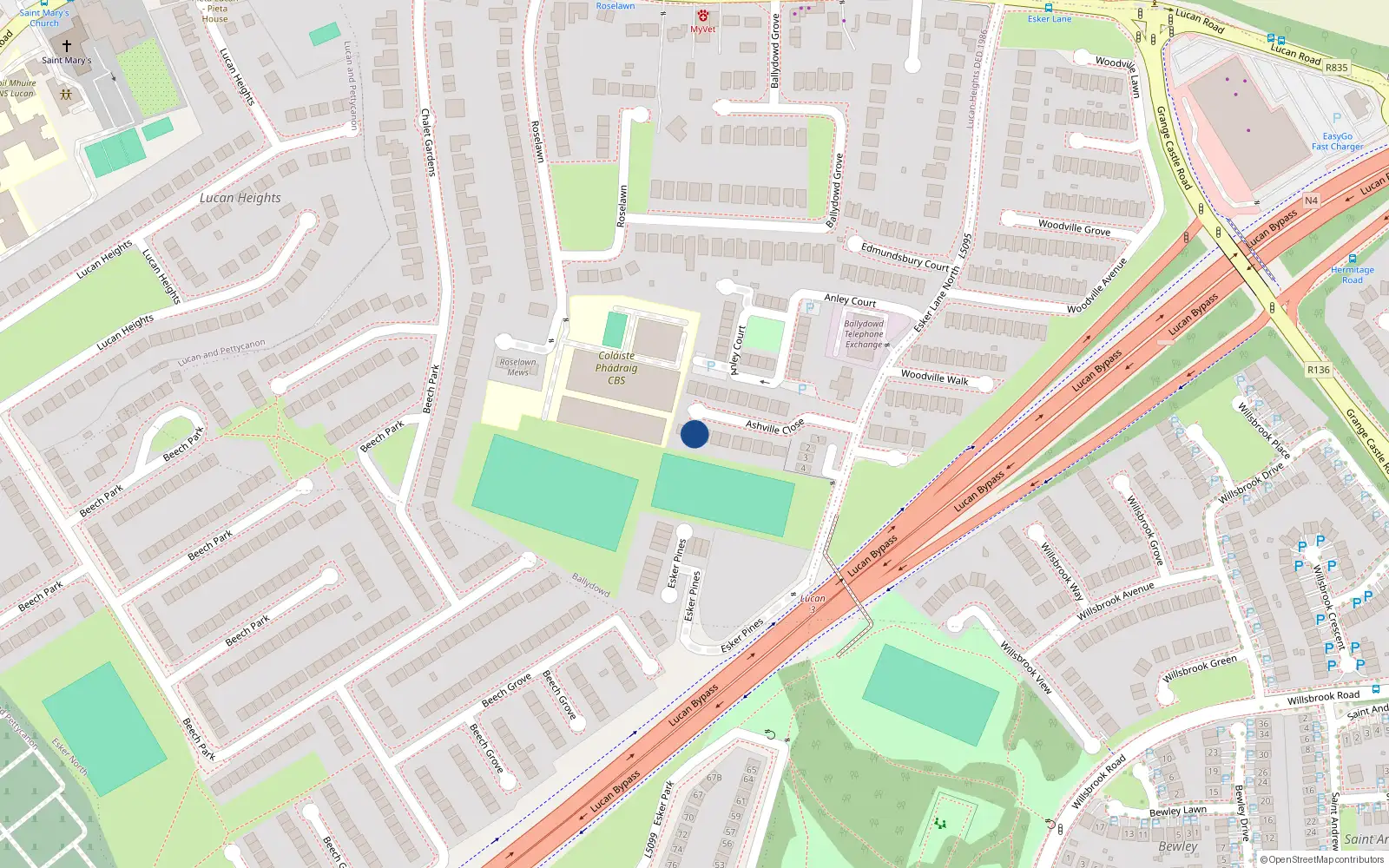 Overhead map showing the location of 9 Ashville Close, Lucan