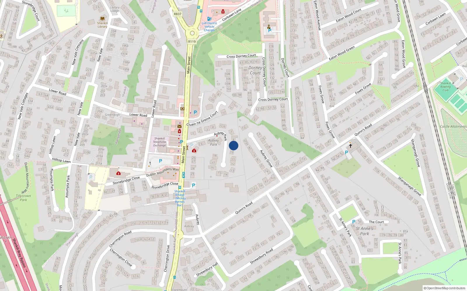 Overhead map showing the location of 9 Aubrey Park, Shankill