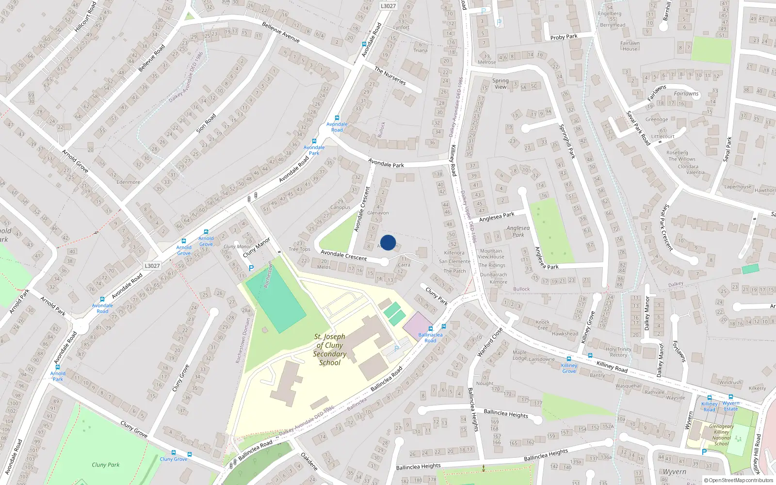 Overhead map showing the location of 9 Avondale Crescent, Killiney
