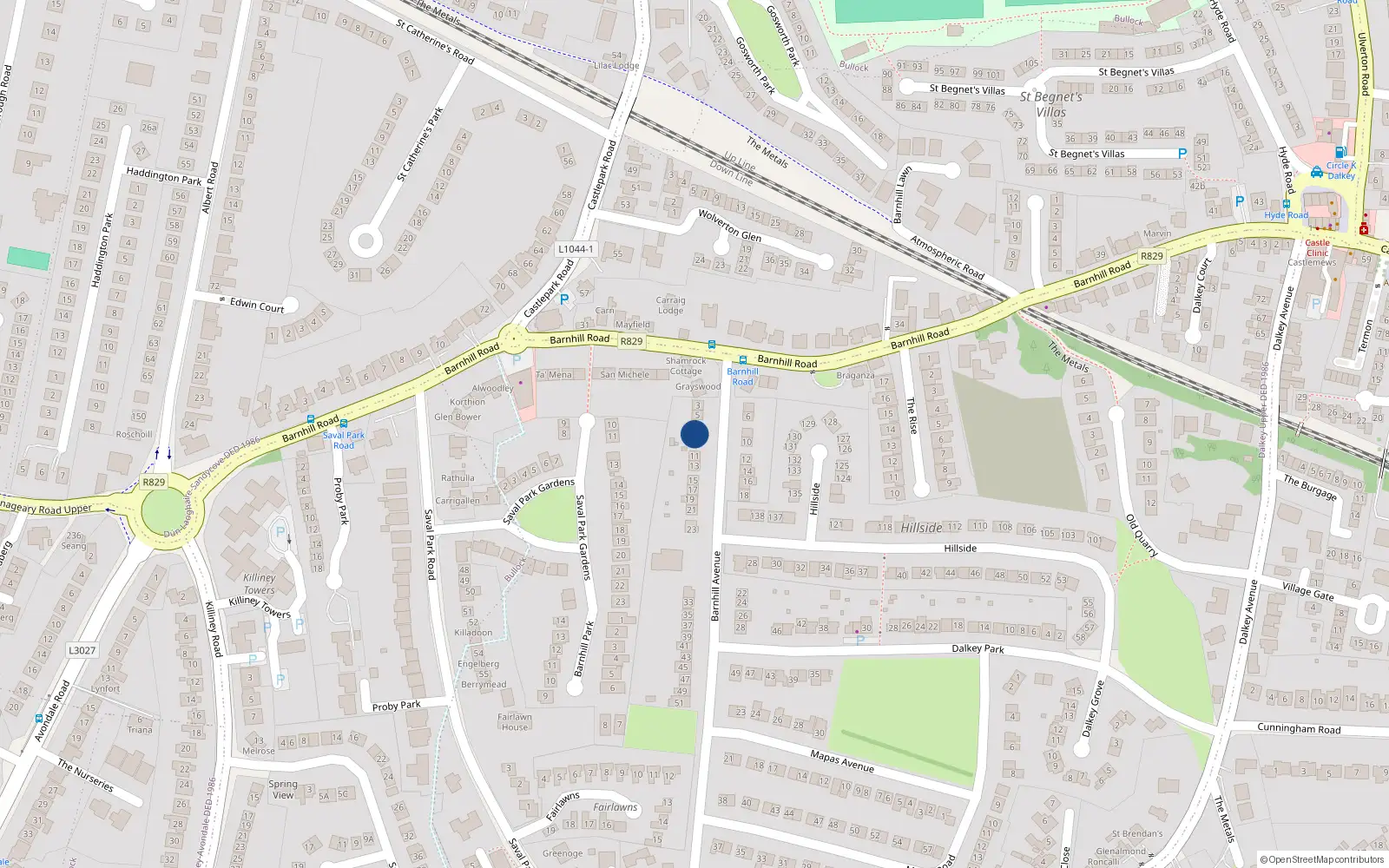 Overhead map showing the location of 9 Barnhill Avenue, Dalkey