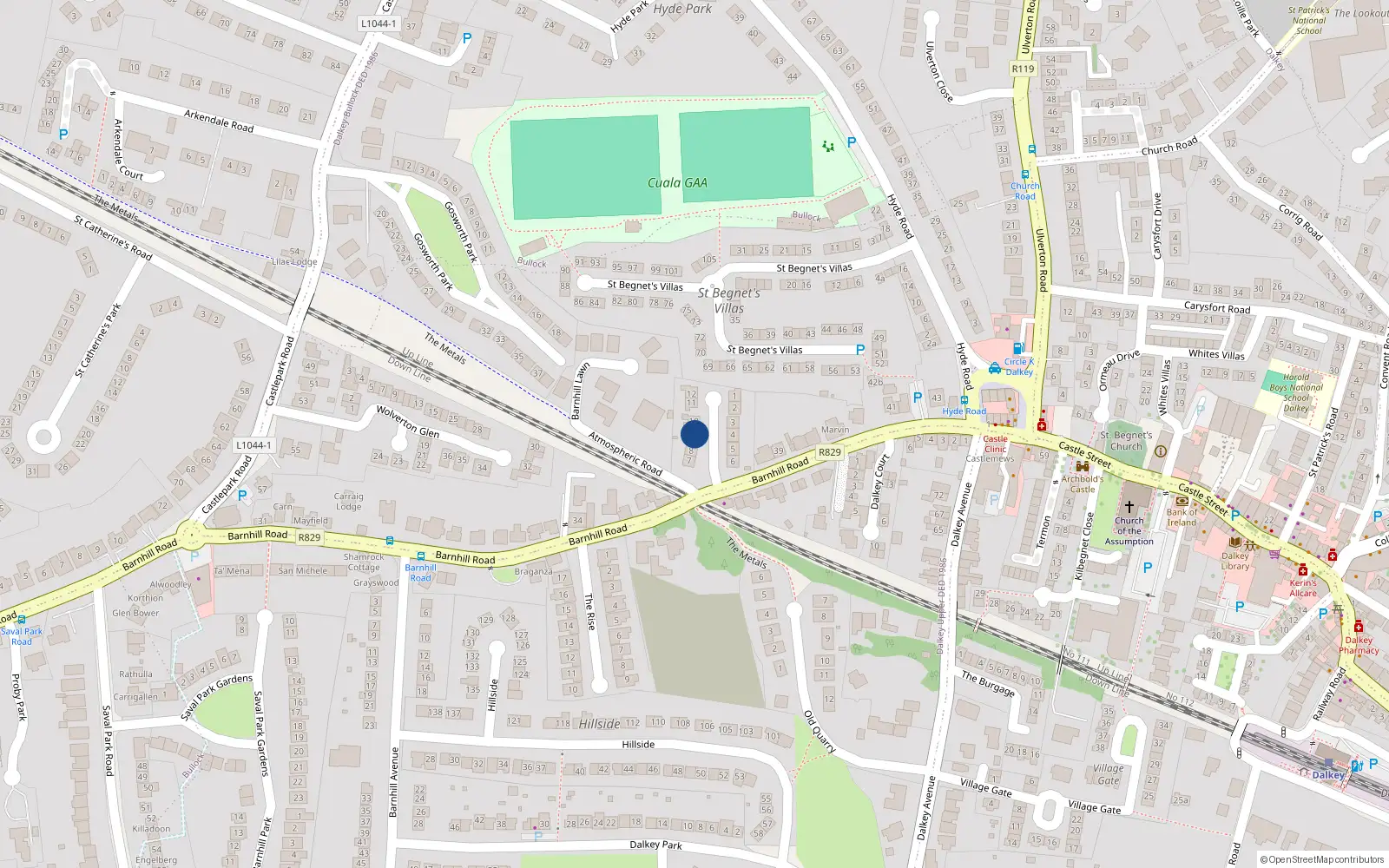 Overhead map showing the location of 9 Barnhill Grove, Dalkey