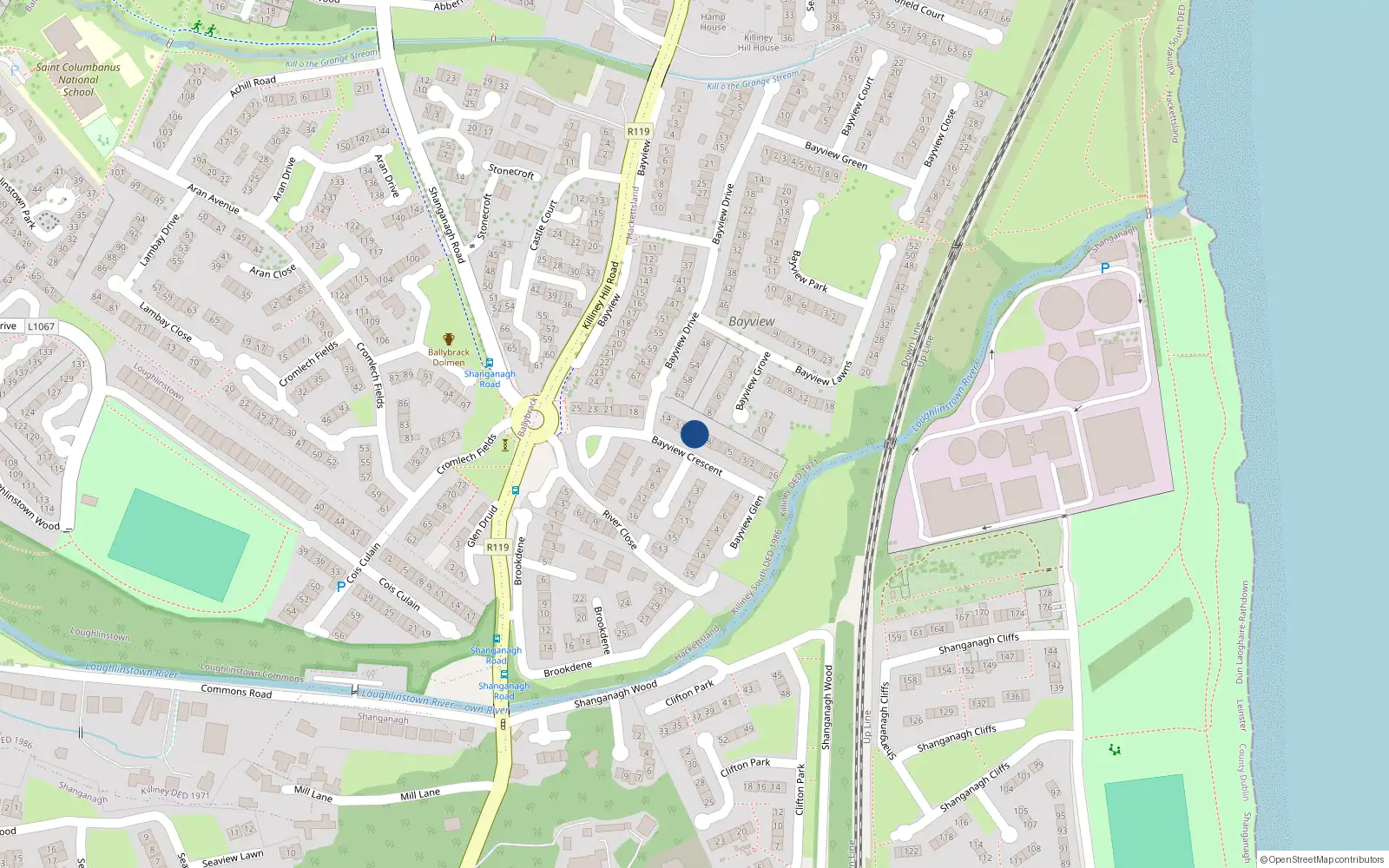 Overhead map showing the location of 9 Bayview Crescent, Killiney