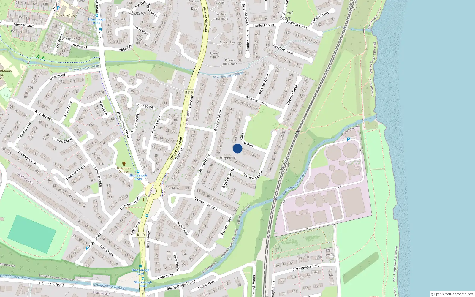 Overhead map showing the location of 9 Bayview Park, Killiney