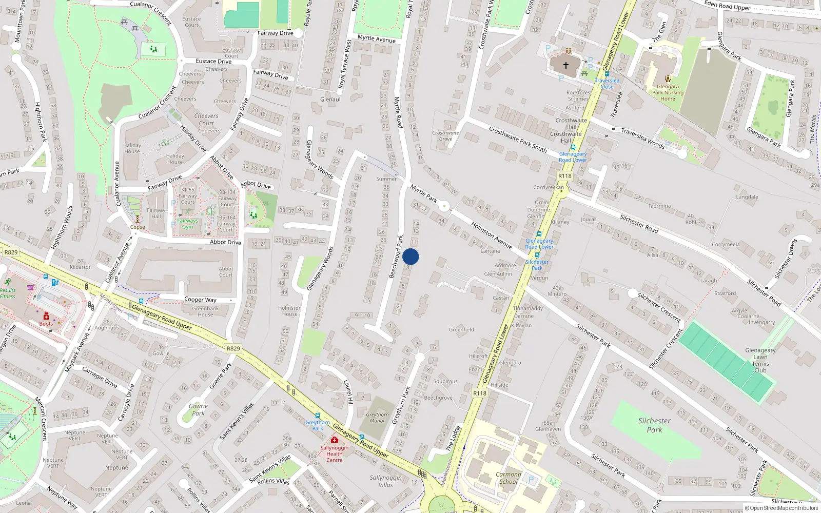 Overhead map showing the location of 9 Beechwood Park, Dublin