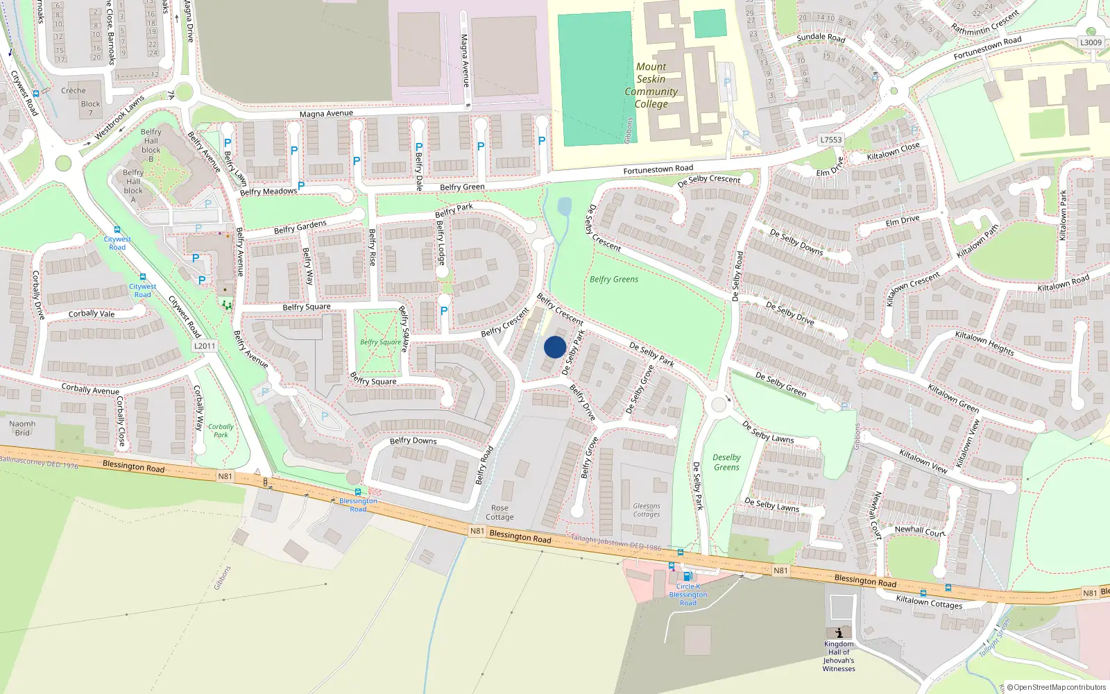 Overhead map showing the location of 9 Belfry Drive, Dublin