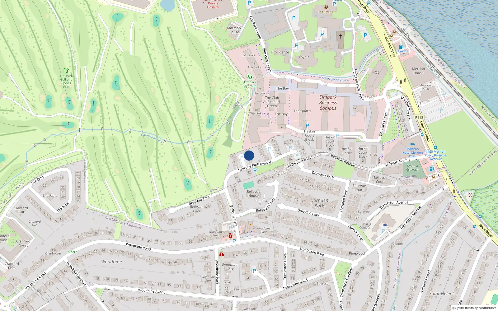 Overhead map showing the location of 9 Bellevue Park Avenue, Blackrock