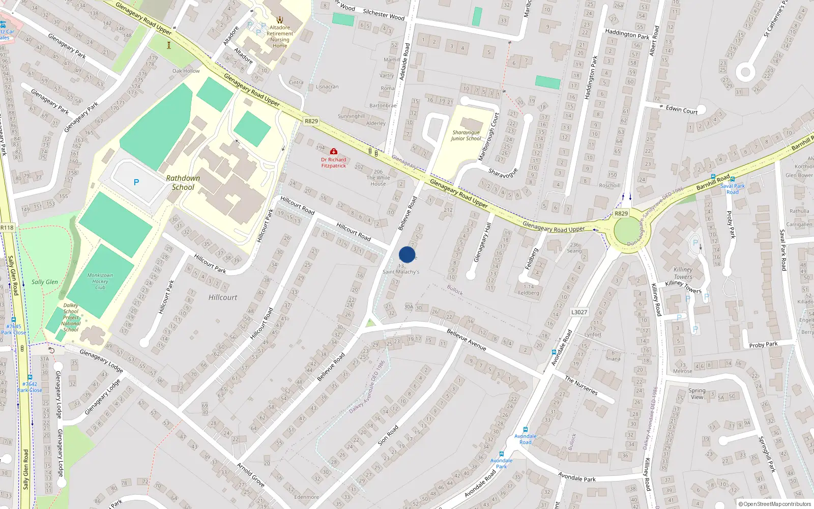 Overhead map showing the location of 9 Bellevue Road, Glenageary, Dublin