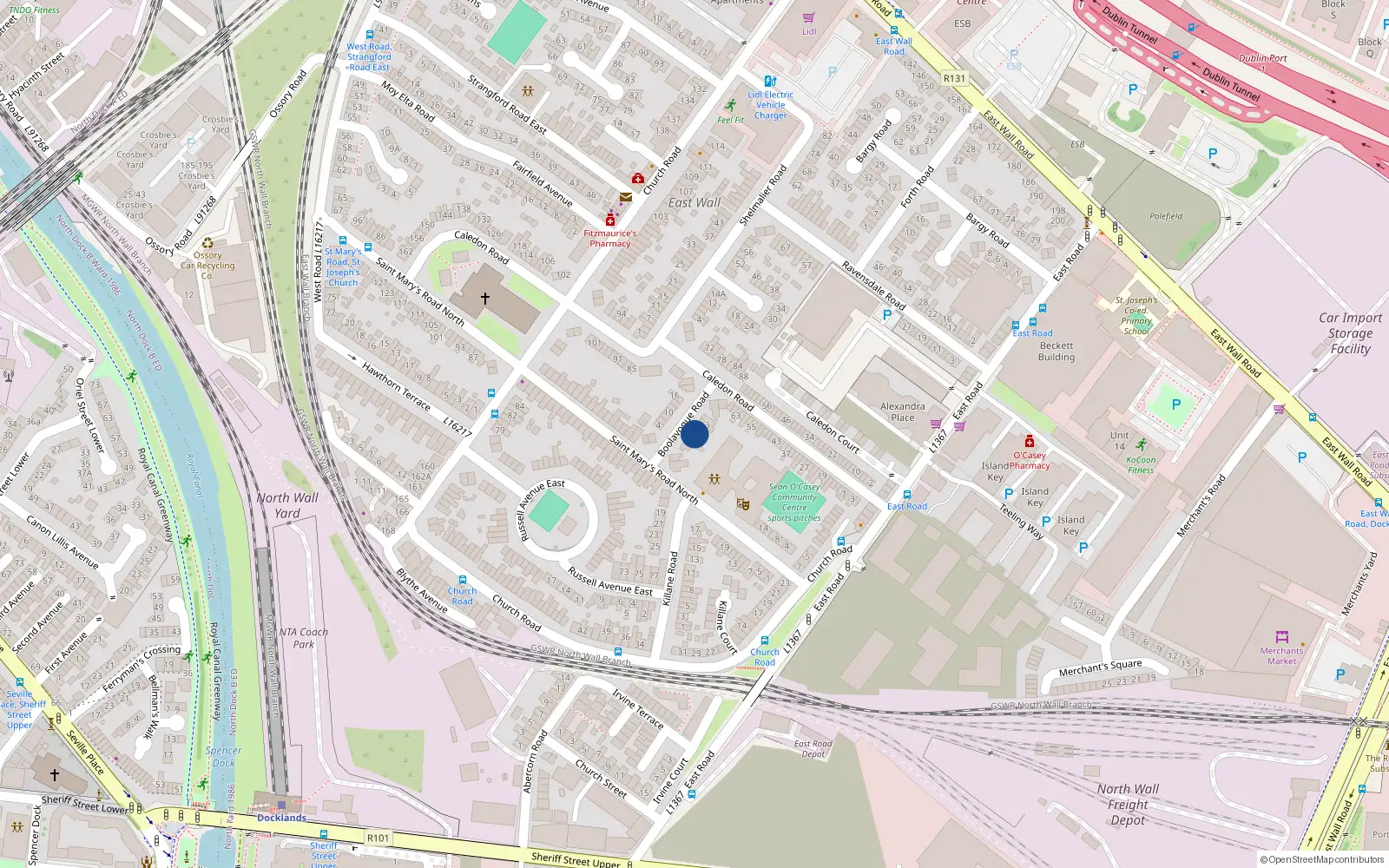 Overhead map showing the location of 9 Boolavogue Road, East Wall, Dublin 3