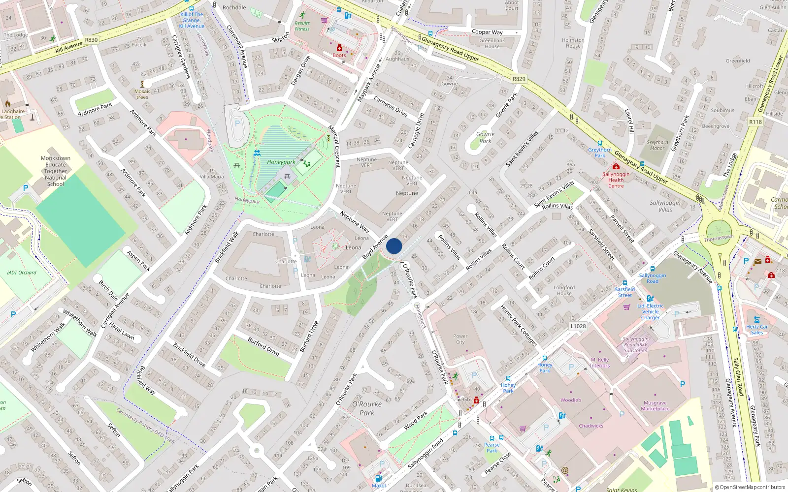 Overhead map showing the location of 9 Boyd Avenue, Dun Laoghaire