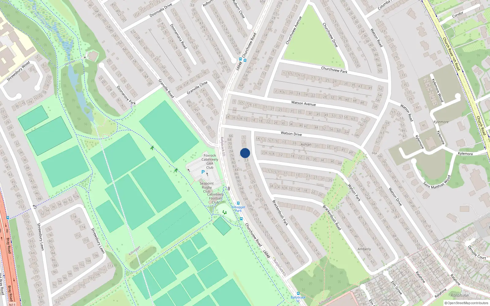 Overhead map showing the location of 9 Brackenbush Park, Killiney, Dublin