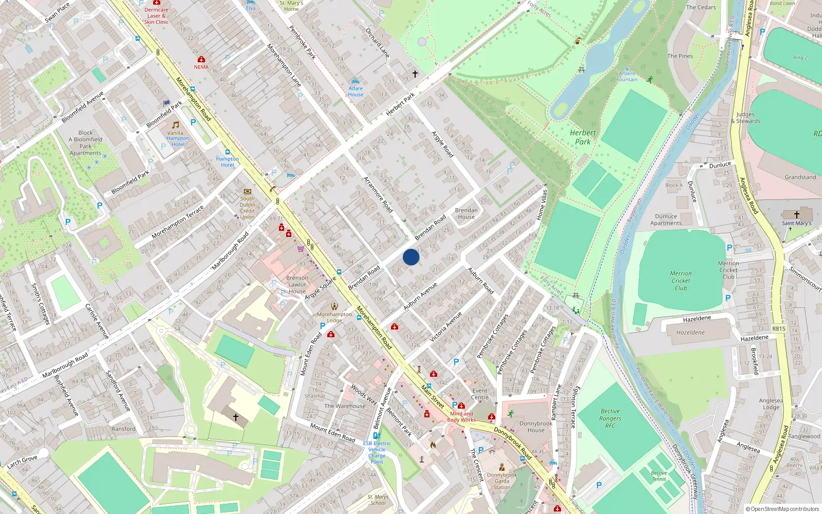 Overhead map showing the location of 9 Brendan Road, Dublin 4