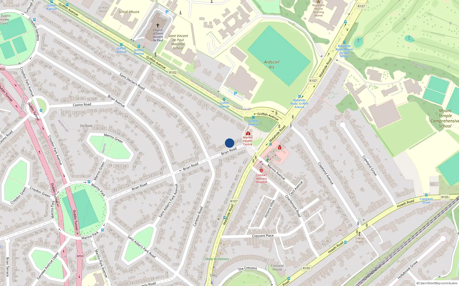 Overhead map showing the location of 9 Brian Road, Dublin 3