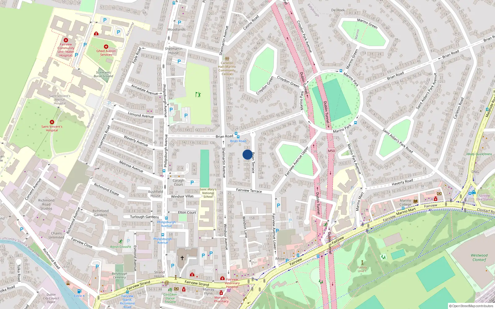 Overhead map showing the location of 9 Brian Terrace, Dublin 3