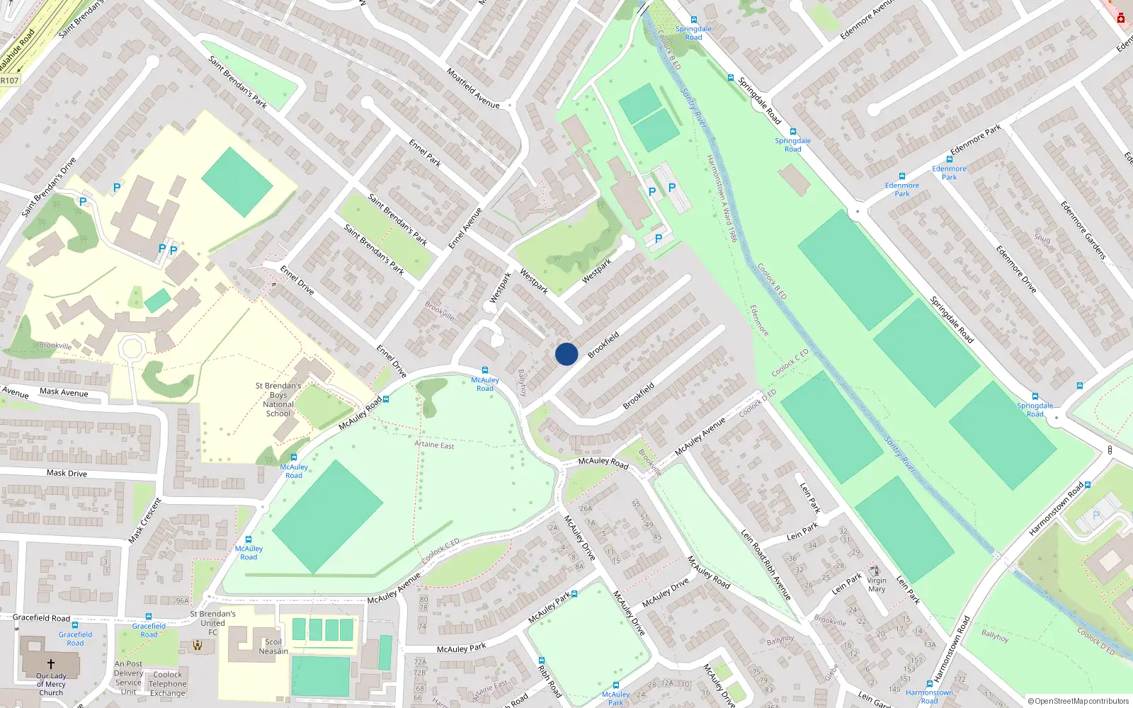 Overhead map showing the location of 9 Brookfield, Bothar Mac Amhlaid, Artane