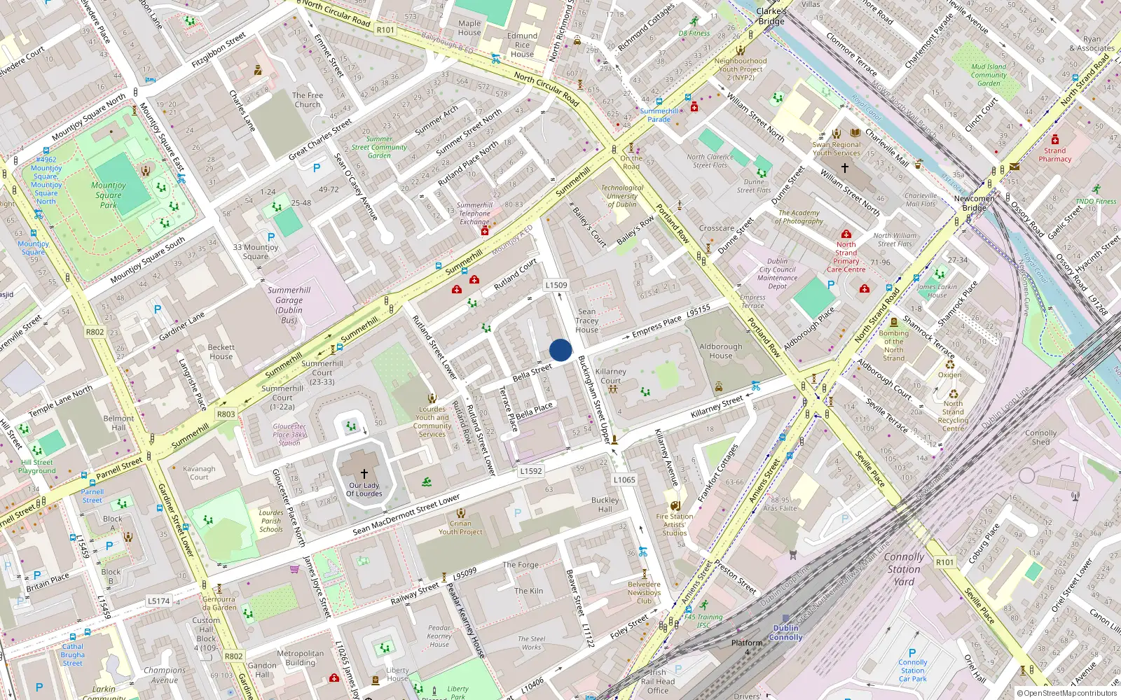 Overhead map showing the location of 9 Buckingham Village, Upper Buckingham Street, Dublin 1