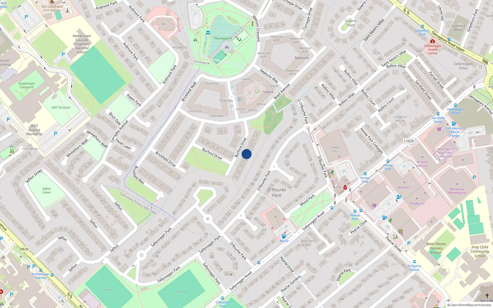 Overhead map showing the location of 9 Burford Drive, Dun Laoghaire