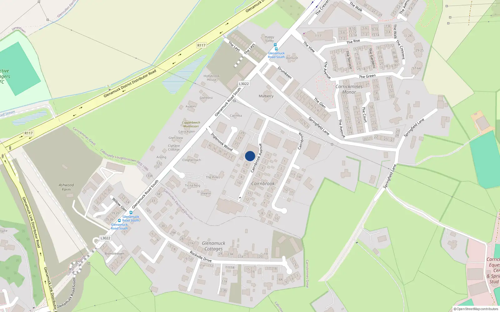 Overhead map showing the location of 9 Cairnbrook Avenue, Carrickmines