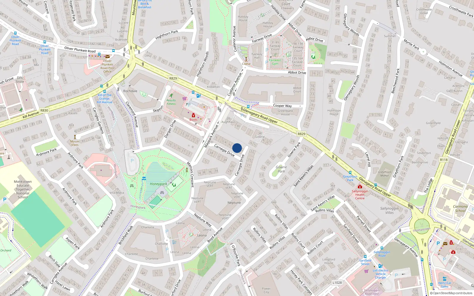 Overhead map showing the location of 9 Carnegie Drive, Dun Laoghaire