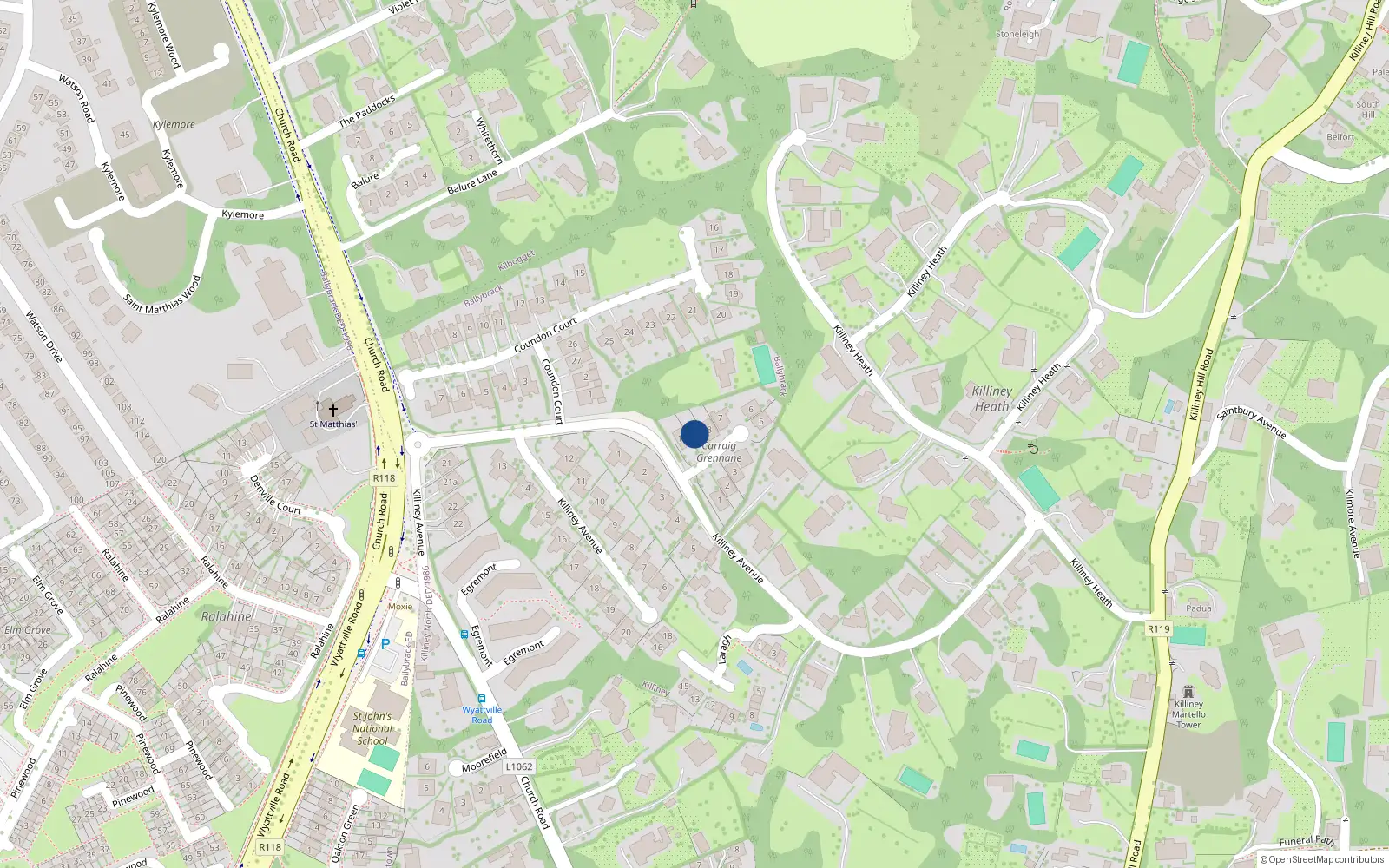 Overhead map showing the location of 9 Carraig Grennane, Killiney Avenue, Killiney