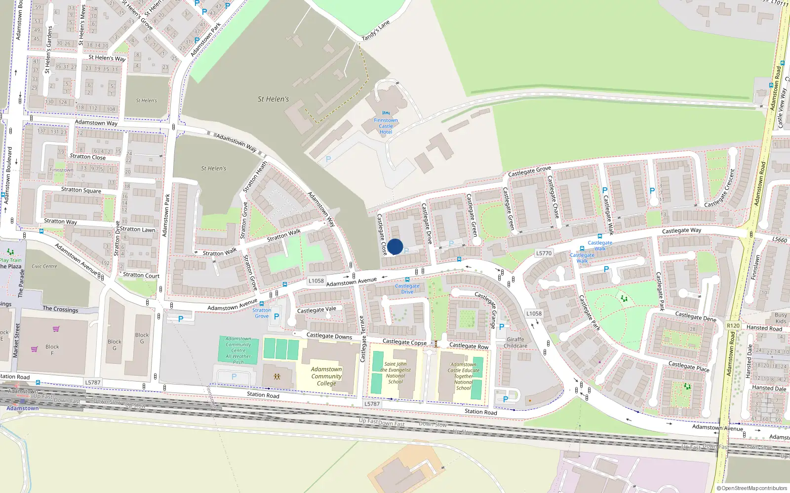 Overhead map showing the location of 9 Castlegate Close, Adamstown, Lucan