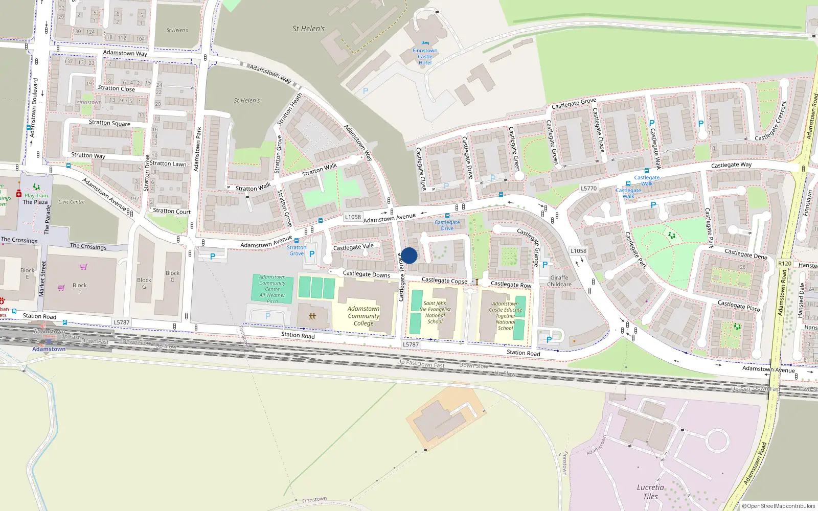 Overhead map showing the location of 9 Castlegate Terrace, Adamstown Castle, Lucan