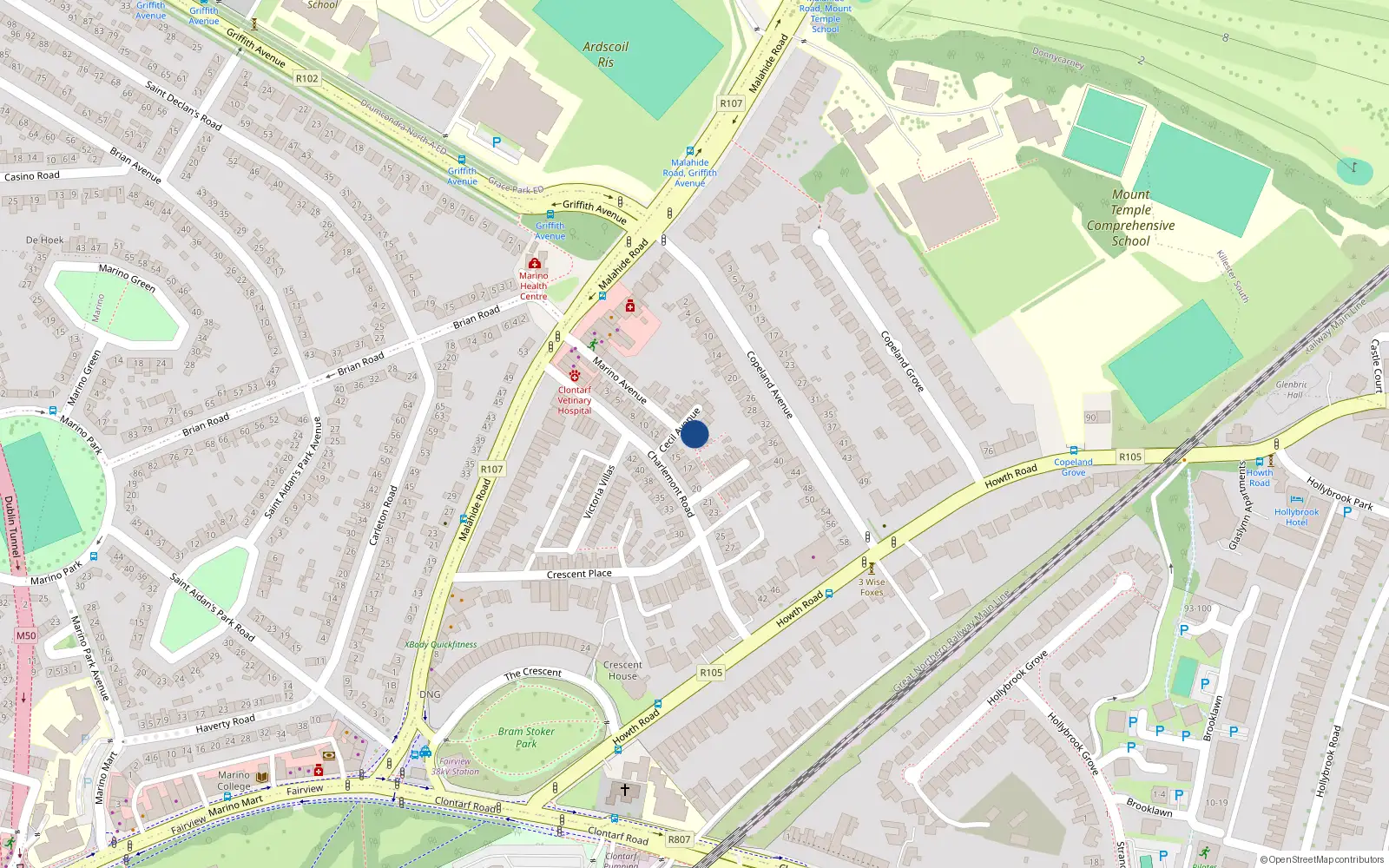 Overhead map showing the location of 9 Cecil Avenue, Clontarf, Dublin 3