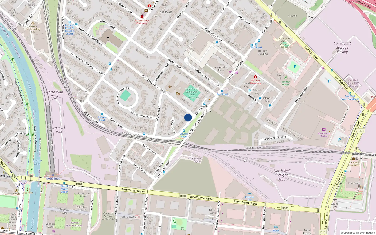 Overhead map showing the location of 9 Church Road, East Wall, Dublin 3