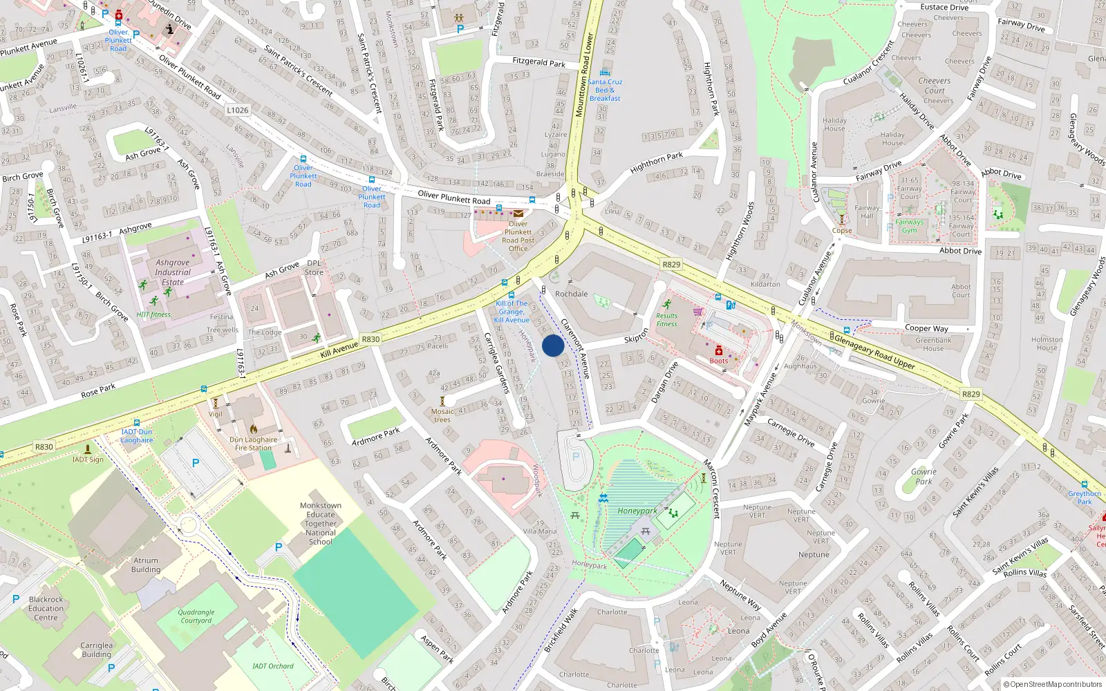 Overhead map showing the location of 9 Claremont Avenue, Dun Laoghaire