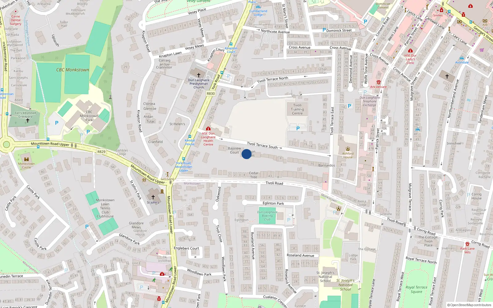 Overhead map showing the location of 9 Clifton Court, Tivoli Terrace South, Dun Laoghaire