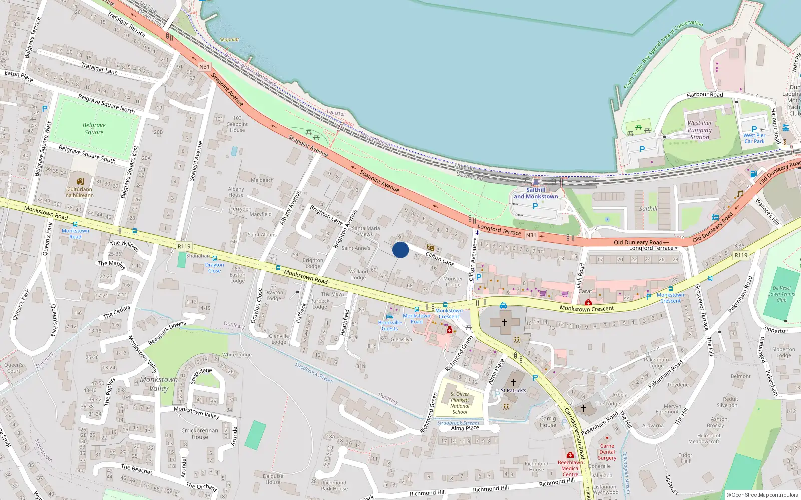 Overhead map showing the location of 9 Clifton Lane, Monkstown