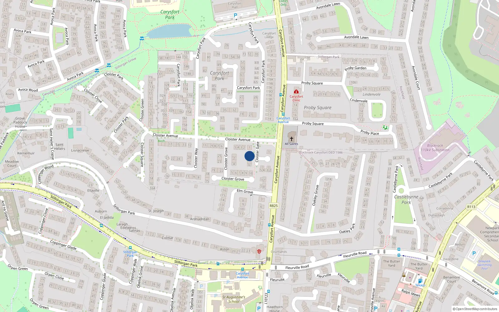 Overhead map showing the location of 9 Cloister Gate, Blackrock