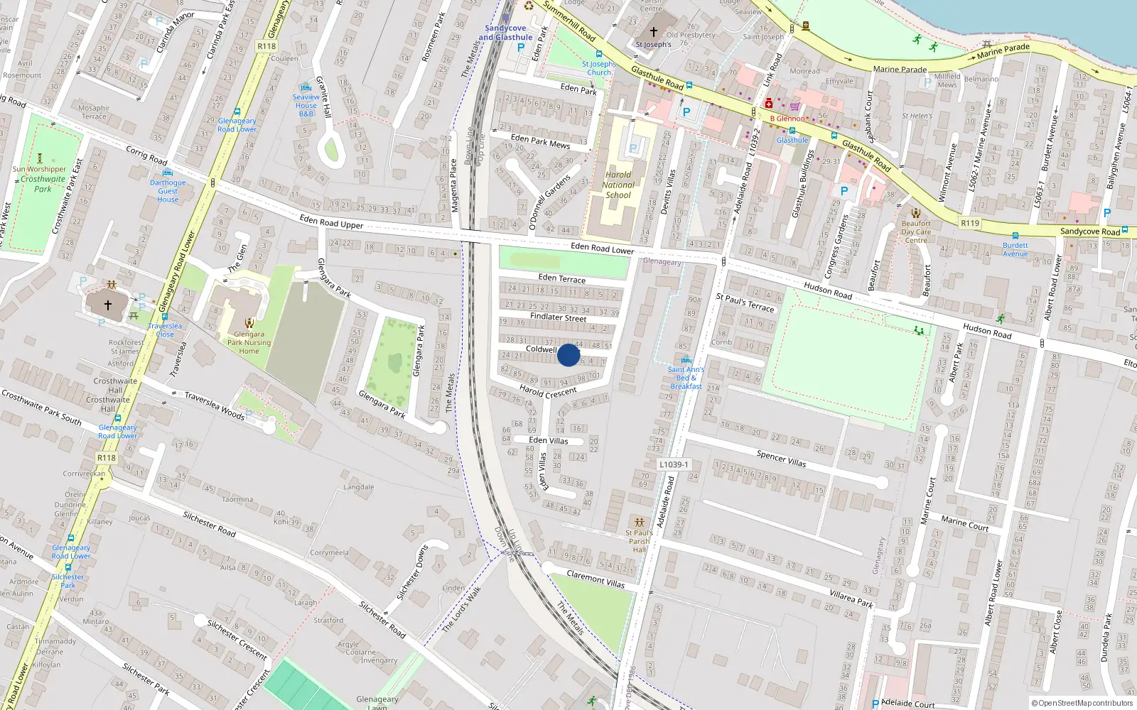 Overhead map showing the location of 9 Coldwell St, Glasthule, Dublin