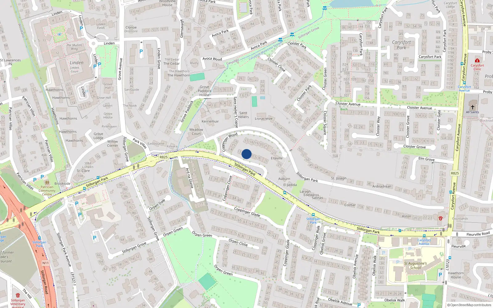 Overhead map showing the location of 9 Coppinger Wood, Dublin