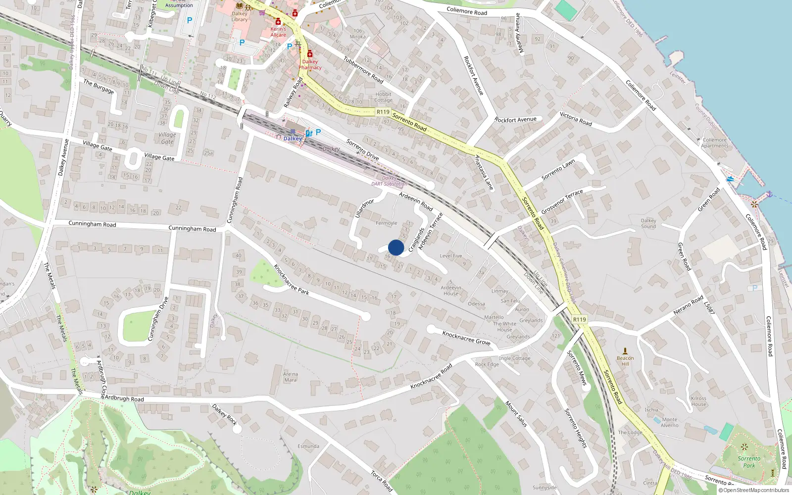 Overhead map showing the location of 9 Craiglands, Ardeevin Road, Dalkey