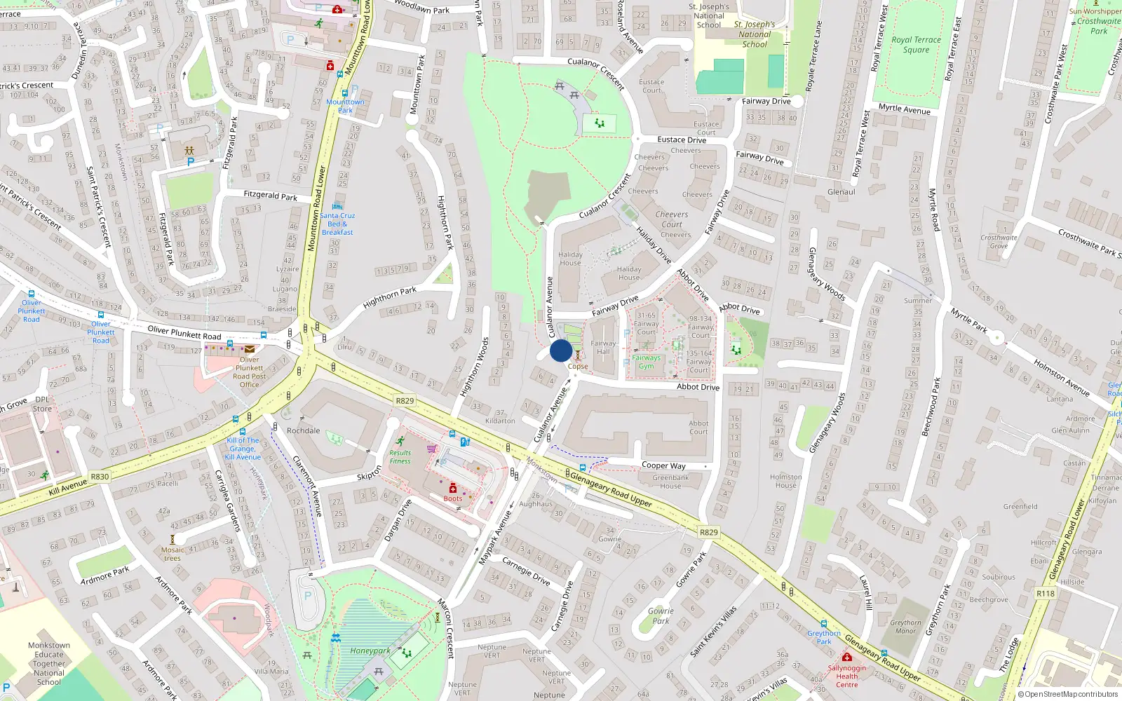 Overhead map showing the location of 9 Cualanor Avenue, Dun Laoghaire