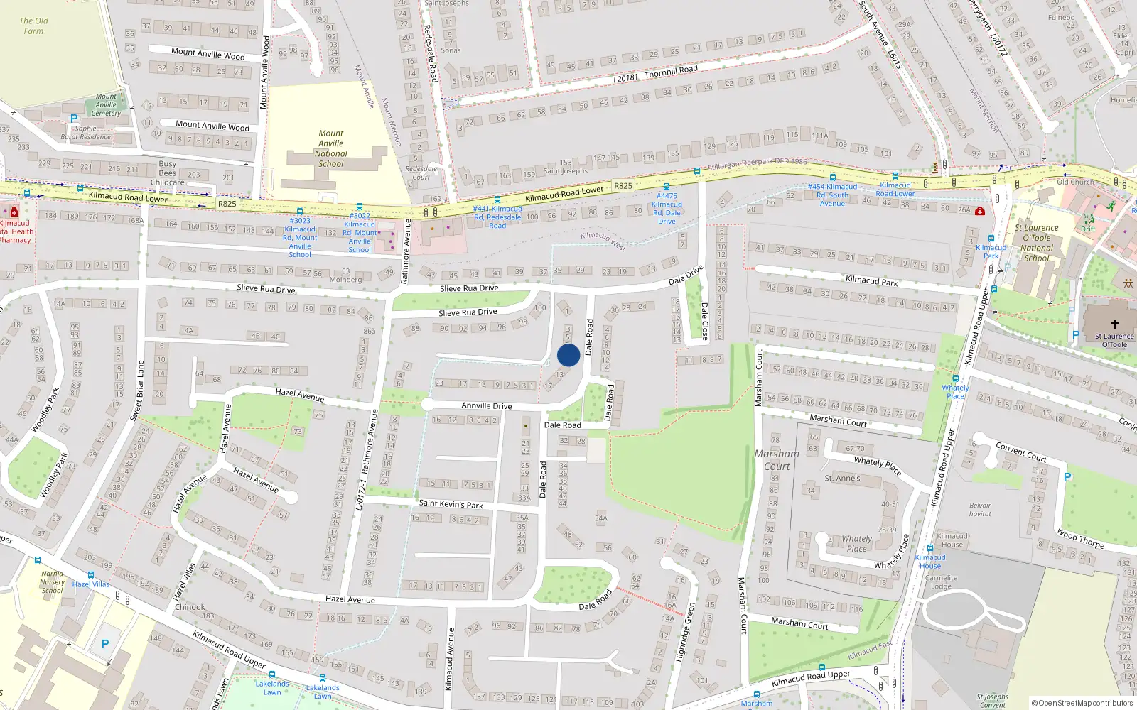 Overhead map showing the location of 9 Dale Road, Stillorgan, Dublin