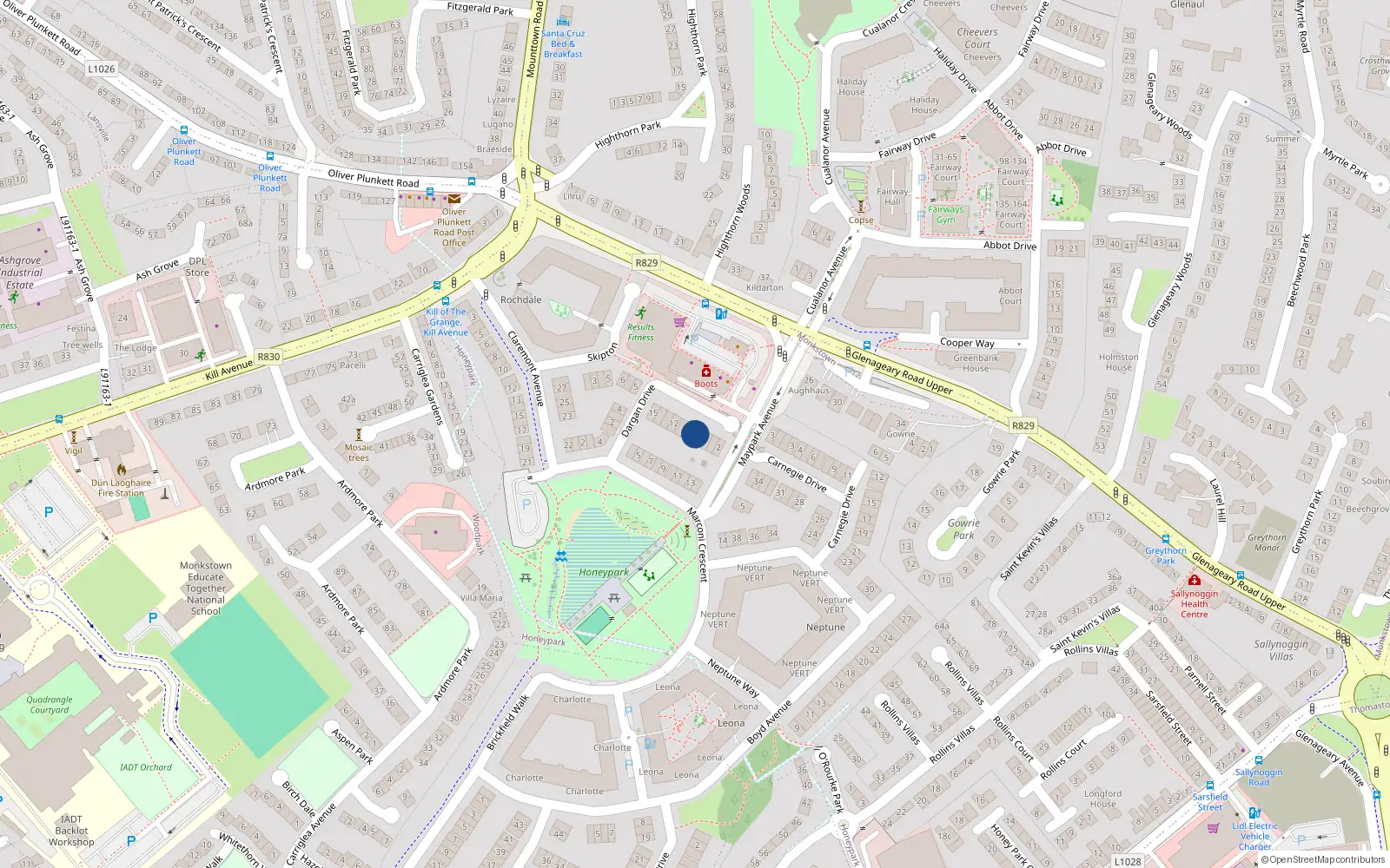 Overhead map showing the location of 9 Dargan Drive, Dunlaoghaire