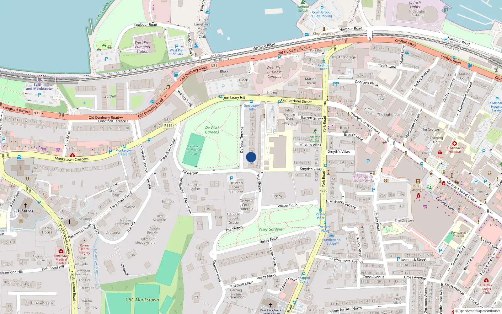 Overhead map showing the location of 9 De Vesci Terrace, Dun Laoghaire