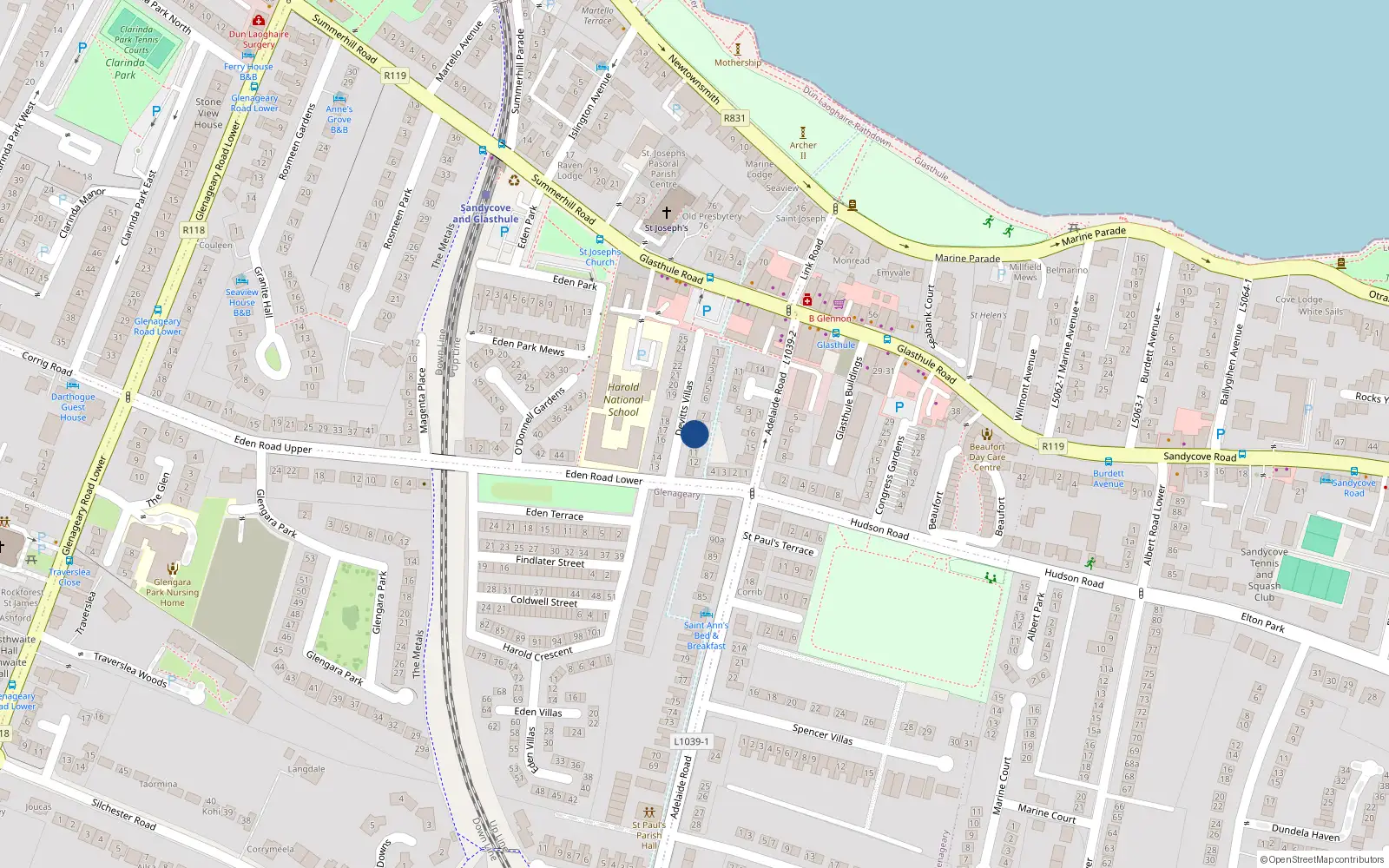 Overhead map showing the location of 9 Devitt Villas, Glasthule, Dun Laoghaire